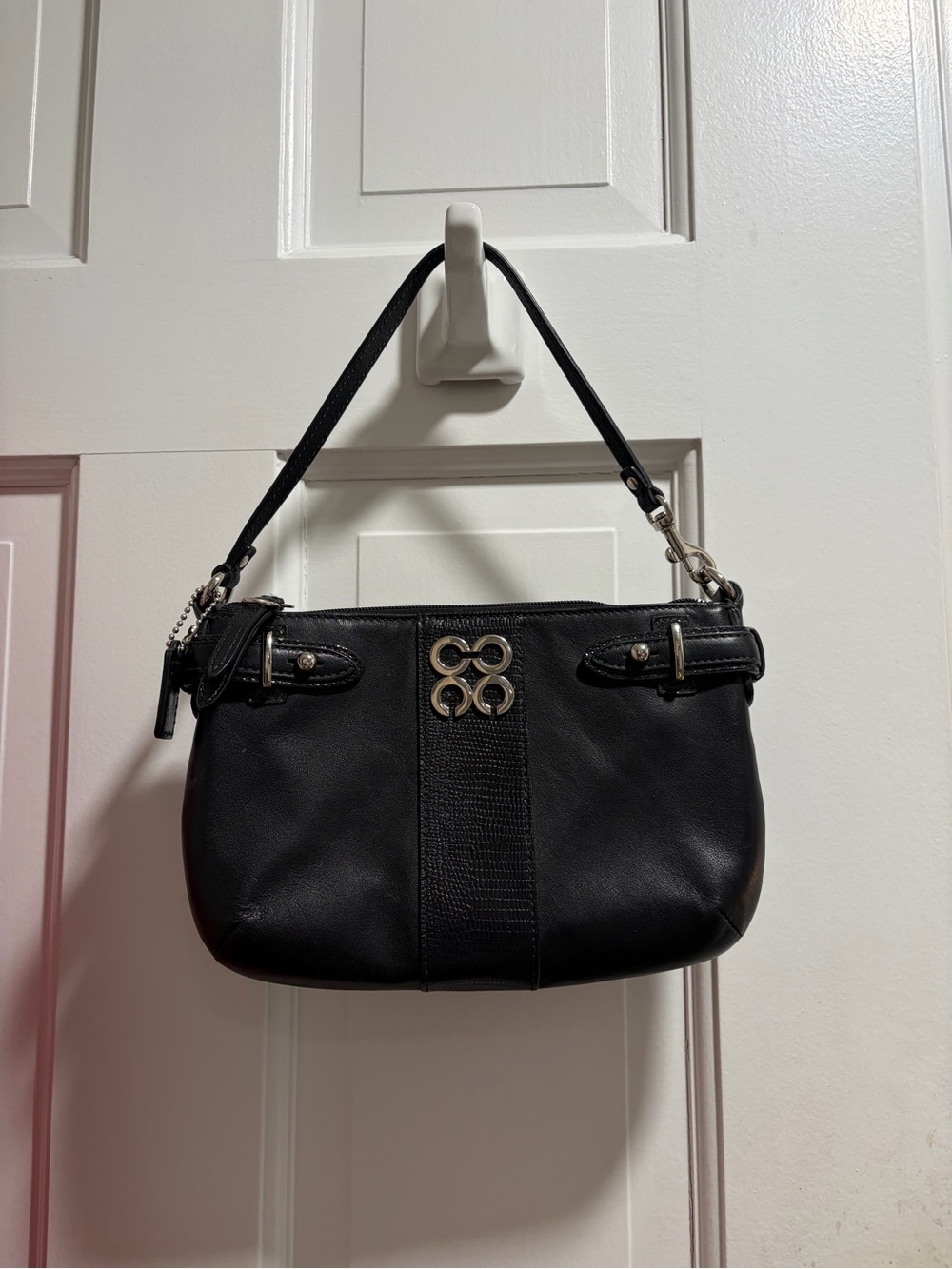 Coach Black Leather Shoulder Bag/Wristlet with Silver Accent